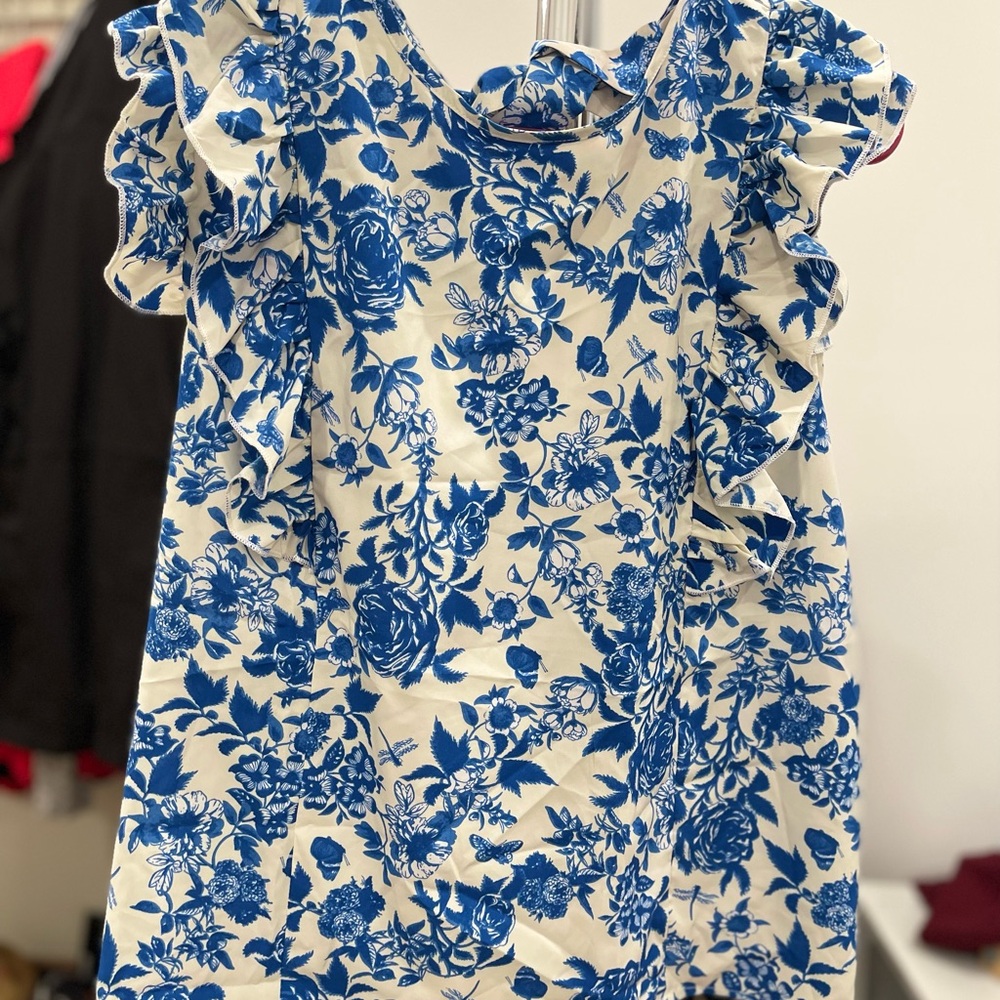 Floral Blue and White Ruffle Dress